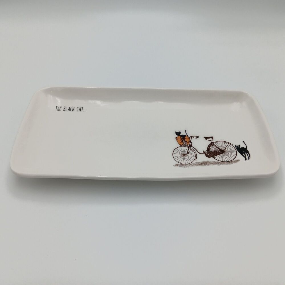 Rae Dunn The Black Cat Halloween Long Tray Serving Platter Black Cat on Bicycle